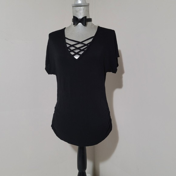 Vintage y2k sexy Say Anything lattice crisscross strap v neck top ruched black M - Picture 3 of 9